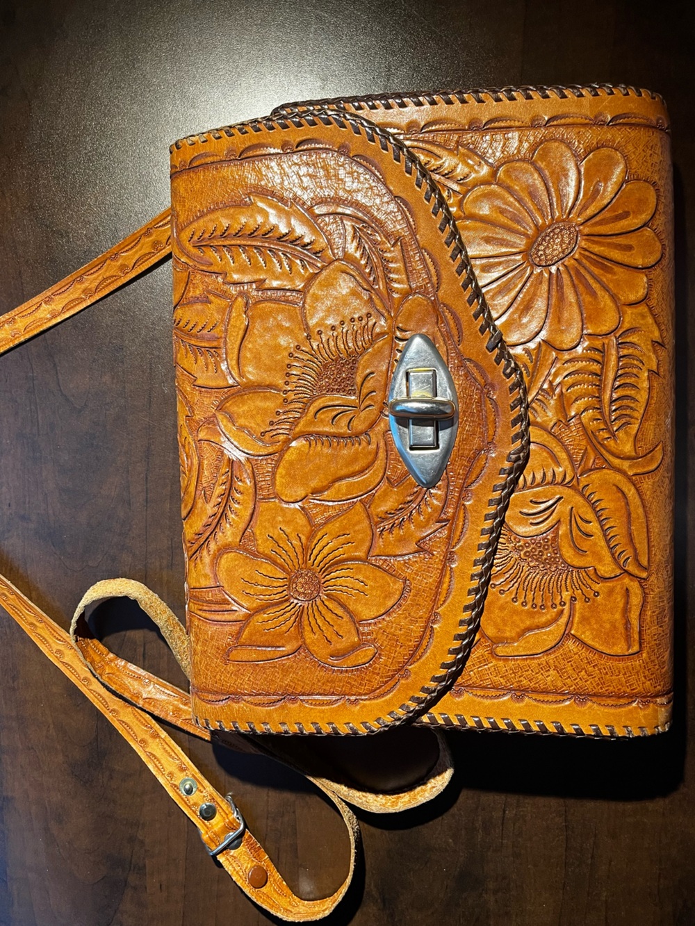 Vintage Floral Leather Crossbody Bag - Tan
